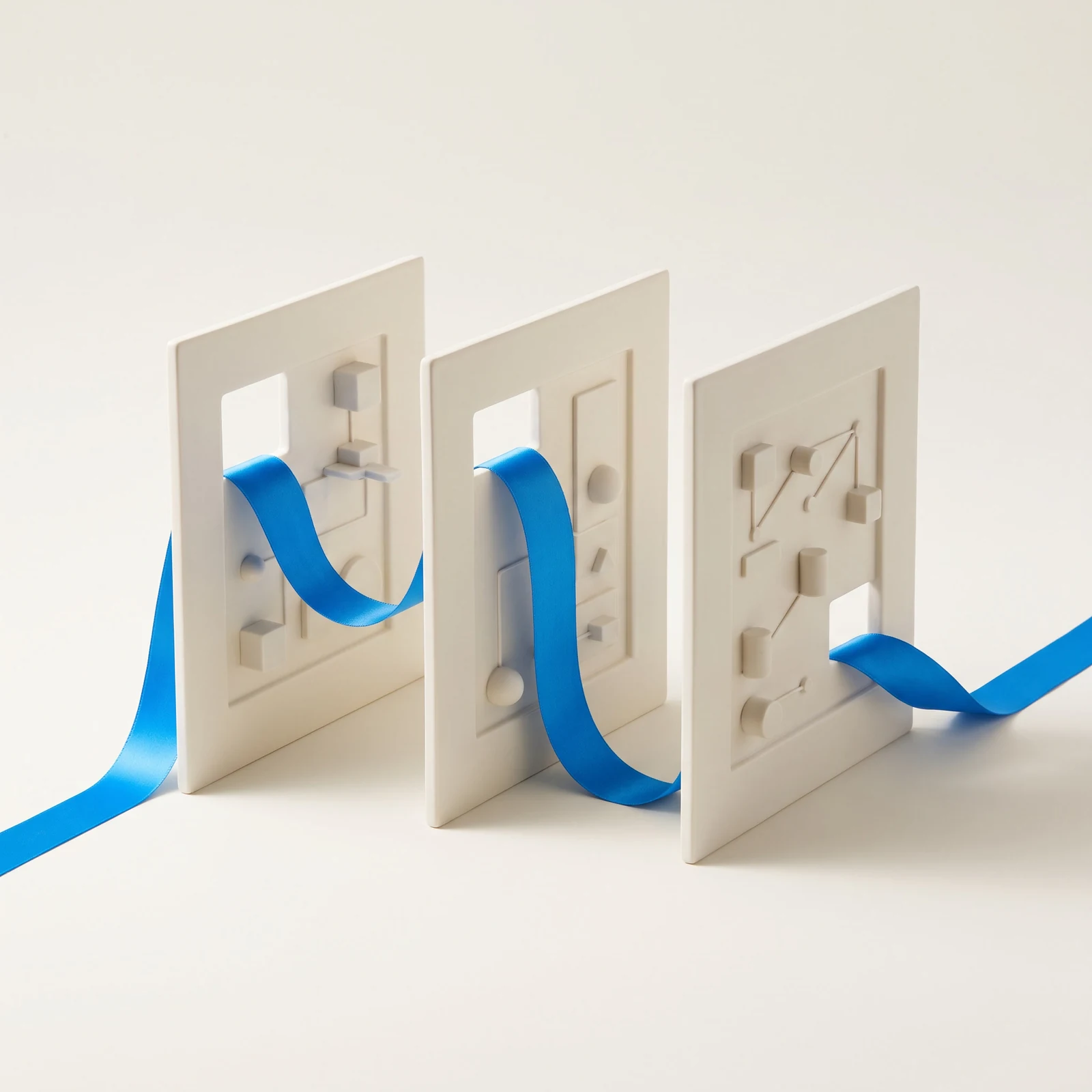 Blue path connecting three pale panels